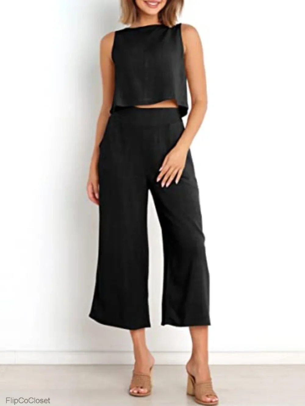 2 Piece Linen Set Women Summer Outfits Wide Leg Pant Crop